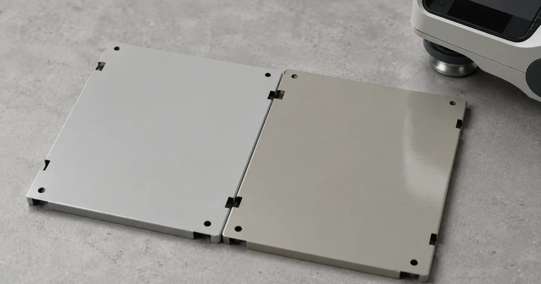 Two sheet metal panels with different gray paint shades placed side by side showing a visible color mismatch