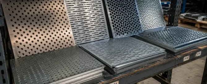 Perforated sheet metal panels with various hole patterns stacked in an industrial warehouse setting