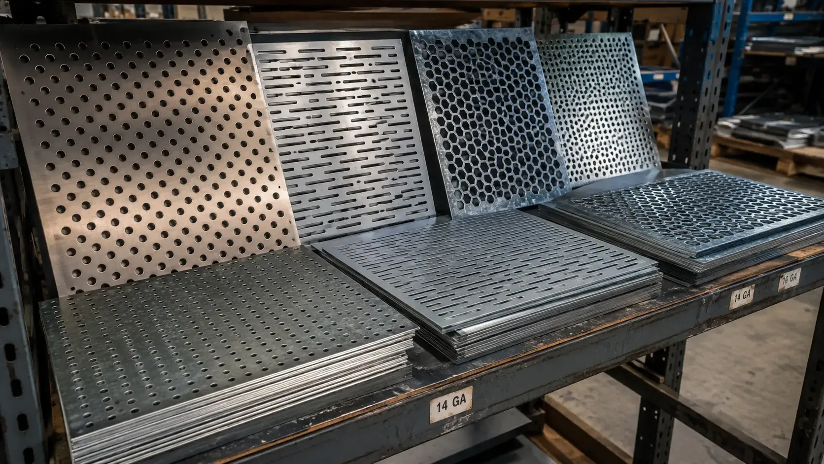 Perforated sheet metal panels with various hole patterns stacked in an industrial warehouse setting