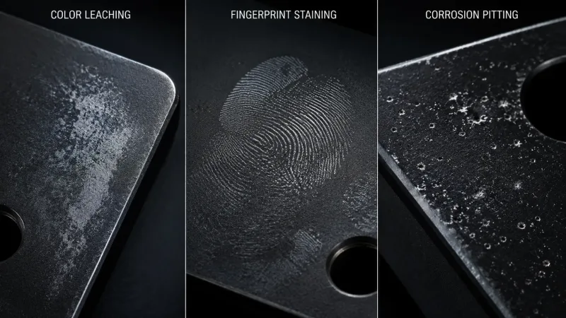 Close-up of black anodized aluminum surfaces showing sealing defects including color leaching, fingerprint staining, and corrosion pitting