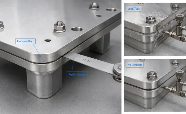 Post-installation inspection and leak test for a gasketed sheet metal joint