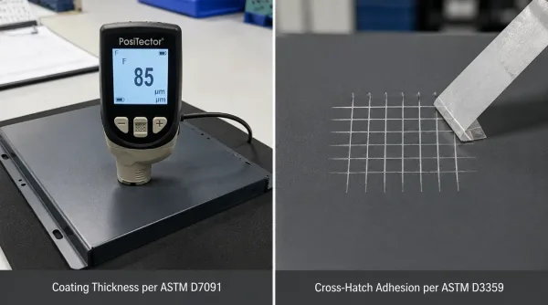 Quality inspection methods for powder coating and anodized sheet metal parts including thickness gauge and adhesion test
