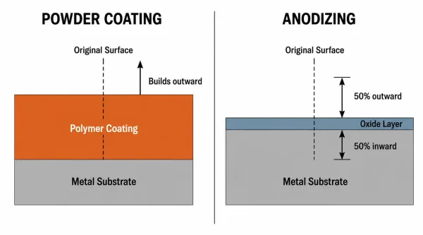 Cross-section diagram comparing powder coating additive layer versus anodizing conversion layer on aluminum