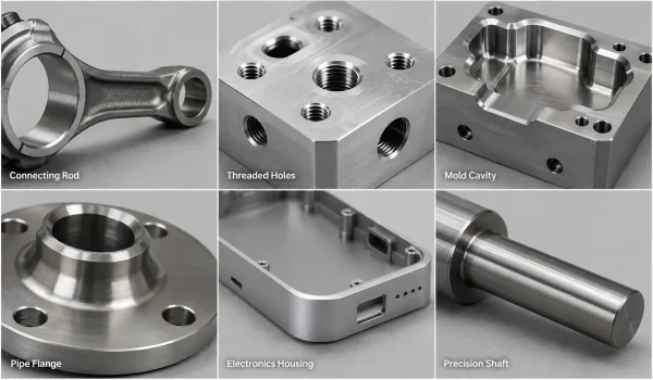 Six-panel photo gallery showing real-world applications of fillets and chamfers on machined industrial parts