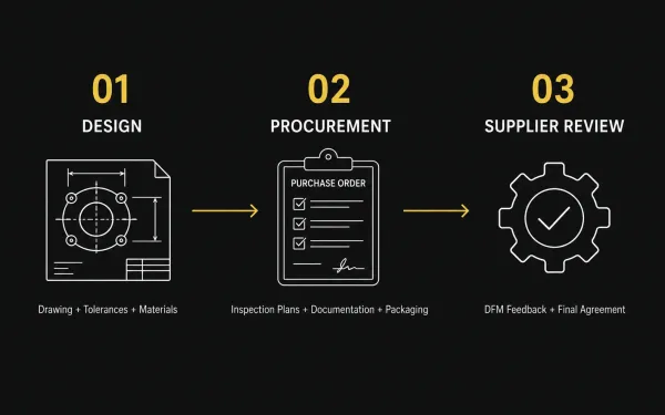 Three-stage diagram showing how quality requirements are defined at design, procurement, and supplier review stages