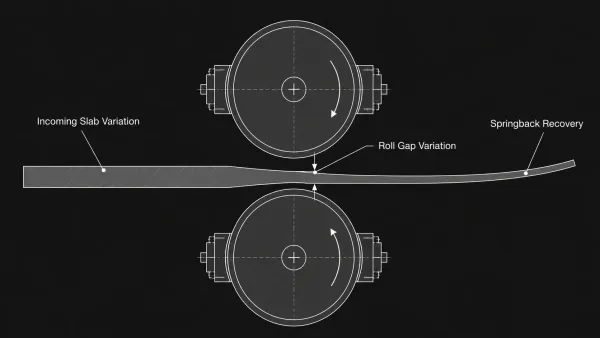 Cross-section diagram of sheet metal rolling mill showing three key thickness variation sources