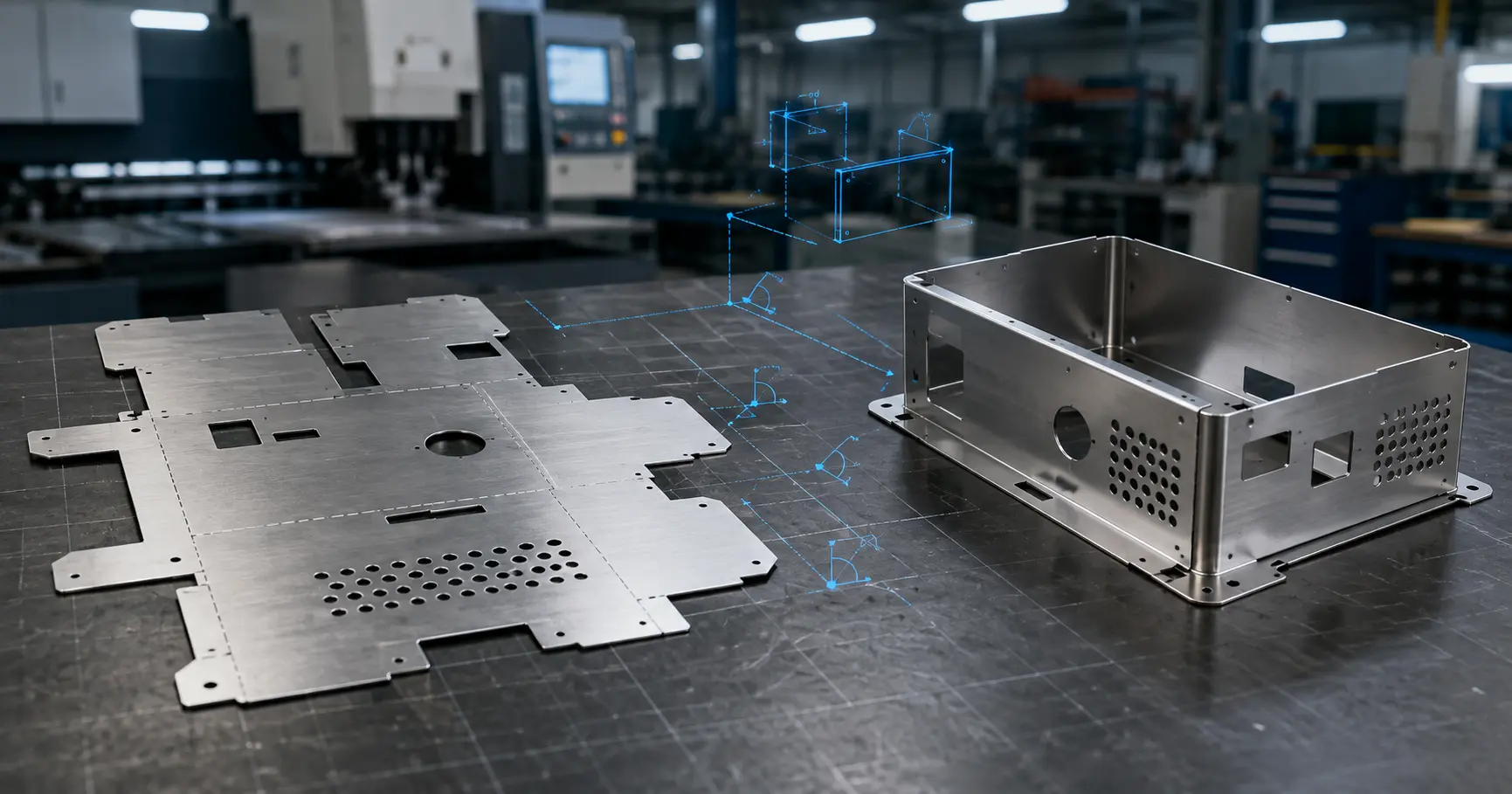 A sheet metal flat pattern layout transitioning into a folded 3D enclosure on a workshop background