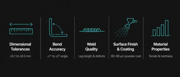 Infographic showing five dimensions of acceptance criteria for sheet metal parts: tolerances, bend accuracy, weld quality, surface finish, and material properties