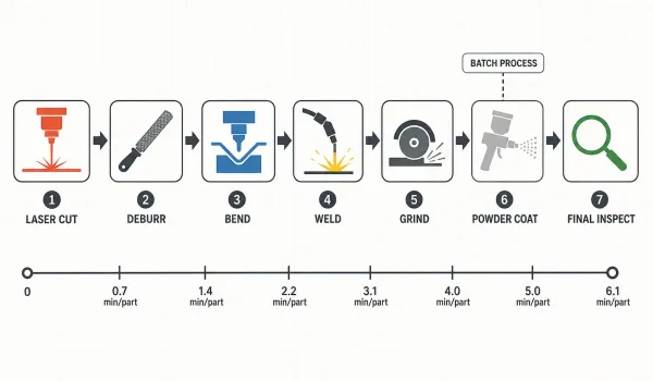 Process flow diagram showing seven sequential manufacturing steps for a sheet metal bracket from laser cutting to final inspection