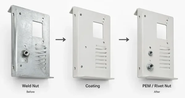 Sheet metal fastener installation and coating sequence