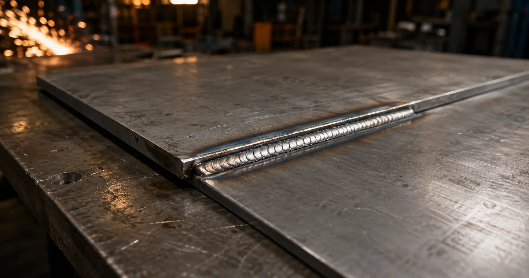 Sheet metal lap joint welding close-up showing overlapping steel panels with weld bead