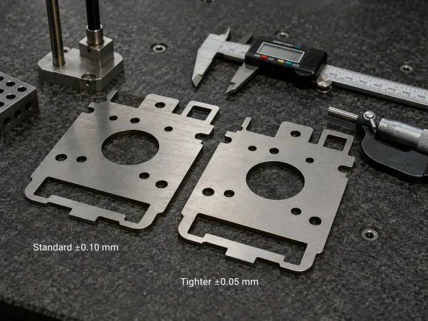 Sheet metal laser cutting tolerance comparison between standard 0.10 mm and tighter 0.05 mm requirements