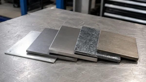 Five different sheet metal material samples fanned out showing variations in alloy type and gauge thickness