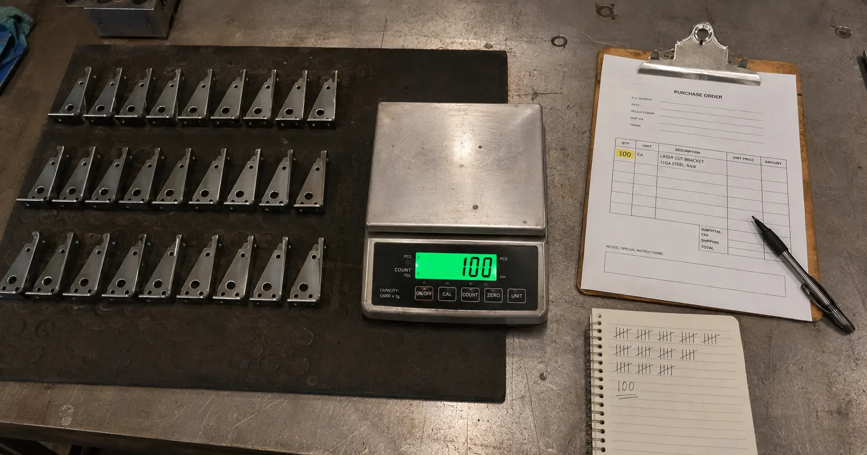 Sheet metal parts organized in trays with a clipboard checklist beside them for quantity verification