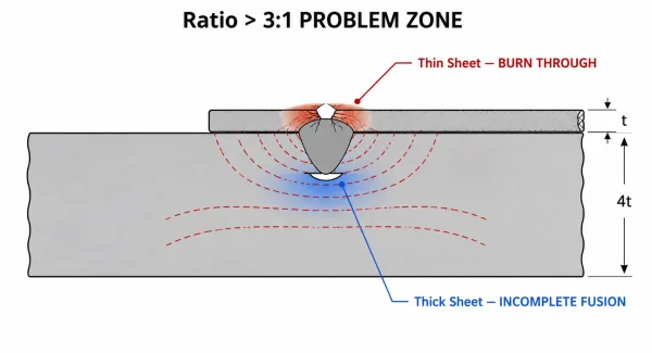 Diagram showing welding burn-through problem caused by excessive sheet thickness ratio in lap joint