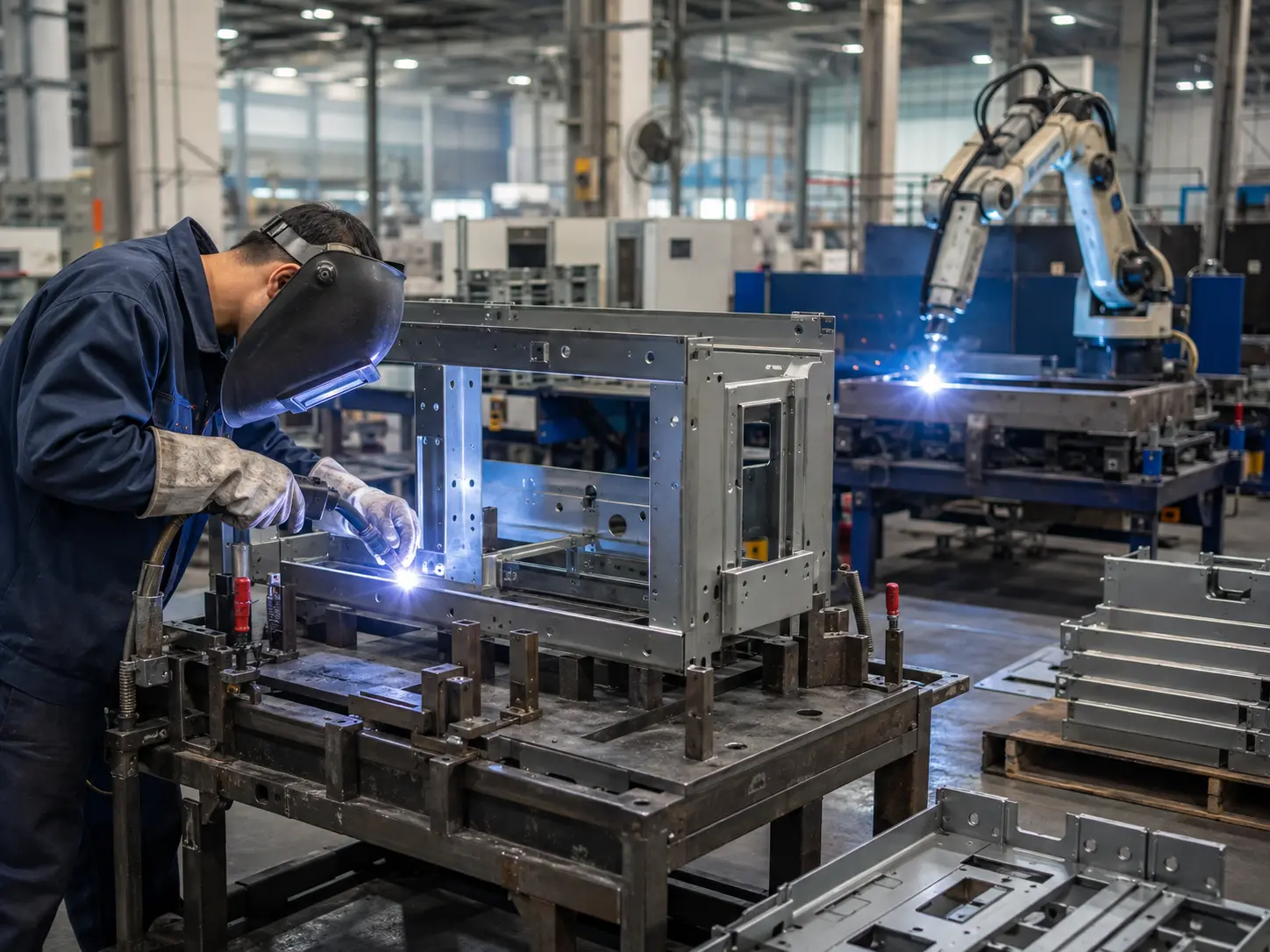 Sheet metal welding capabilities with robotic welding, manual welding, and welded metal assemblies