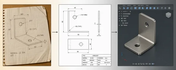 A progression showing a hand-drawn sketch converting into a 2D technical drawing and then into a 3D CAD model of a sheet metal bracket