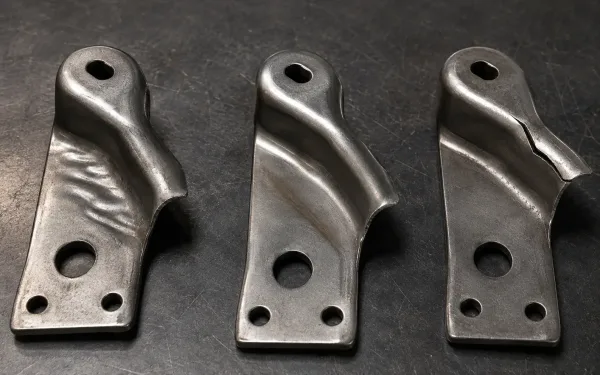Three stamped sheet metal parts side by side showing wrinkling defect, excessive thinning mark, and edge cracking on automotive bracket flanges