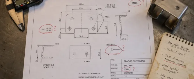 Engineering drawing on shop floor with red markup highlighting ambiguous specifications for technical clarification