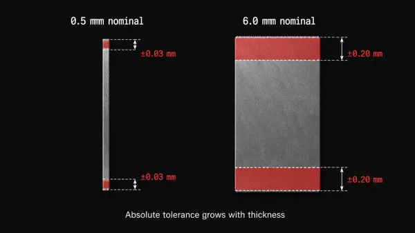 Comparison diagram showing how thickness tolerance band increases with nominal sheet thickness