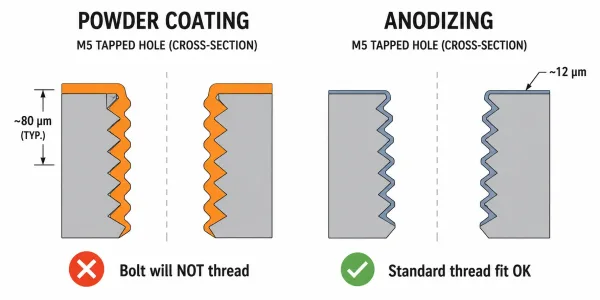 Diagram comparing powder coating and anodizing behavior on tapped holes in sheet metal parts