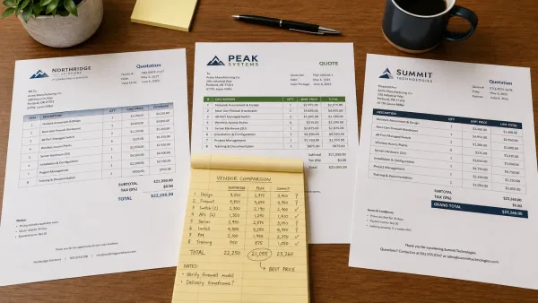 Three vendor quotes laid side by side on a desk with handwritten comparison notes on a legal pad