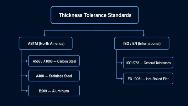 Hierarchy diagram of ASTM and ISO sheet metal thickness tolerance standards