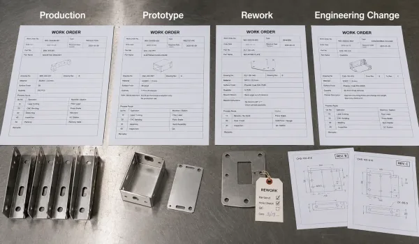 Production prototype rework and engineering change work orders in manufacturing