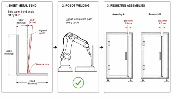 Technical diagram showing how upstream sheet metal dimensional variation passes through consistent robotic welding to produce inconsistent assemblies