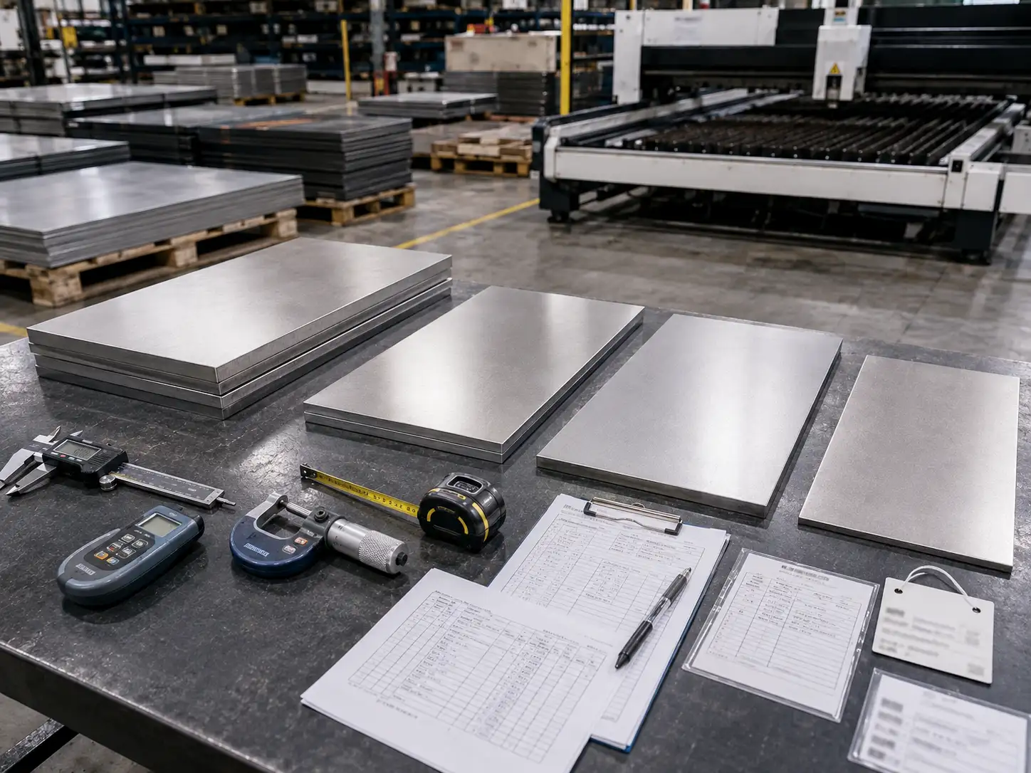 Incoming inspection of 201 stainless steel sheet with measuring tools and material certification documents