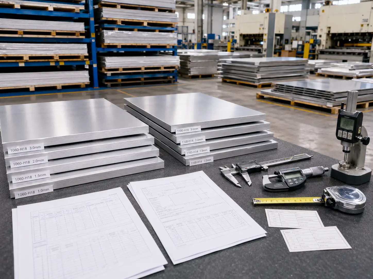 Incoming inspection of AA 1060 and AA 1100 aluminum sheets with measuring tools and material certification documents