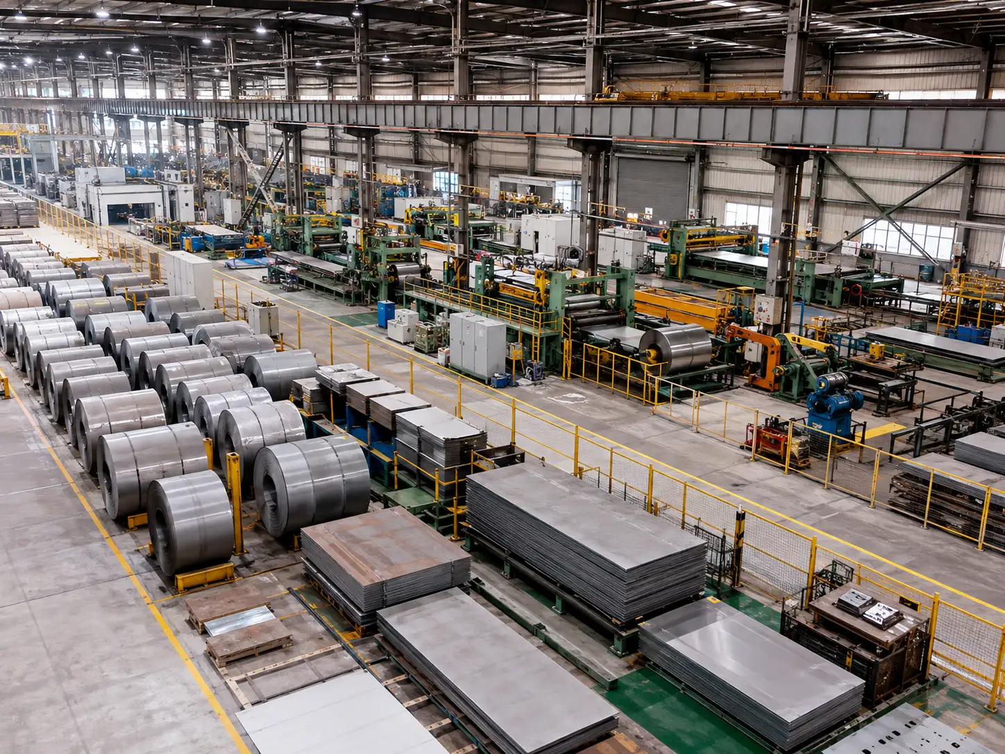 Modern steel processing factory showing production equipment, storage and manufacturing operations