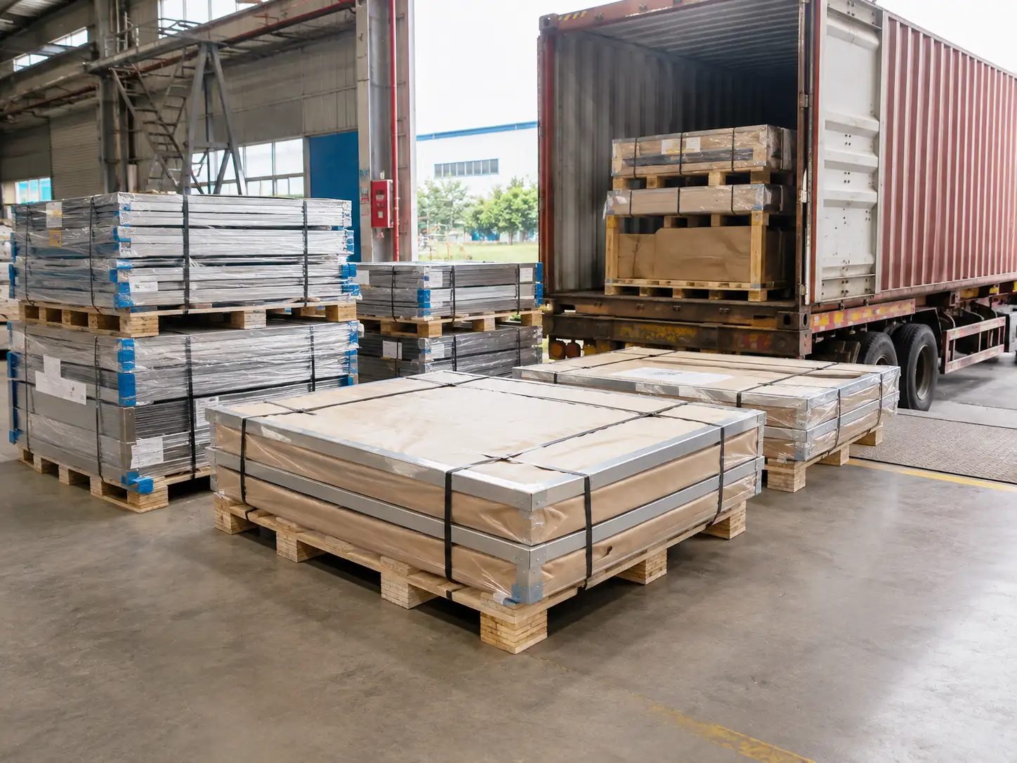Packaged cold-rolled carbon steel sheets secured on pallets for storage and transportation