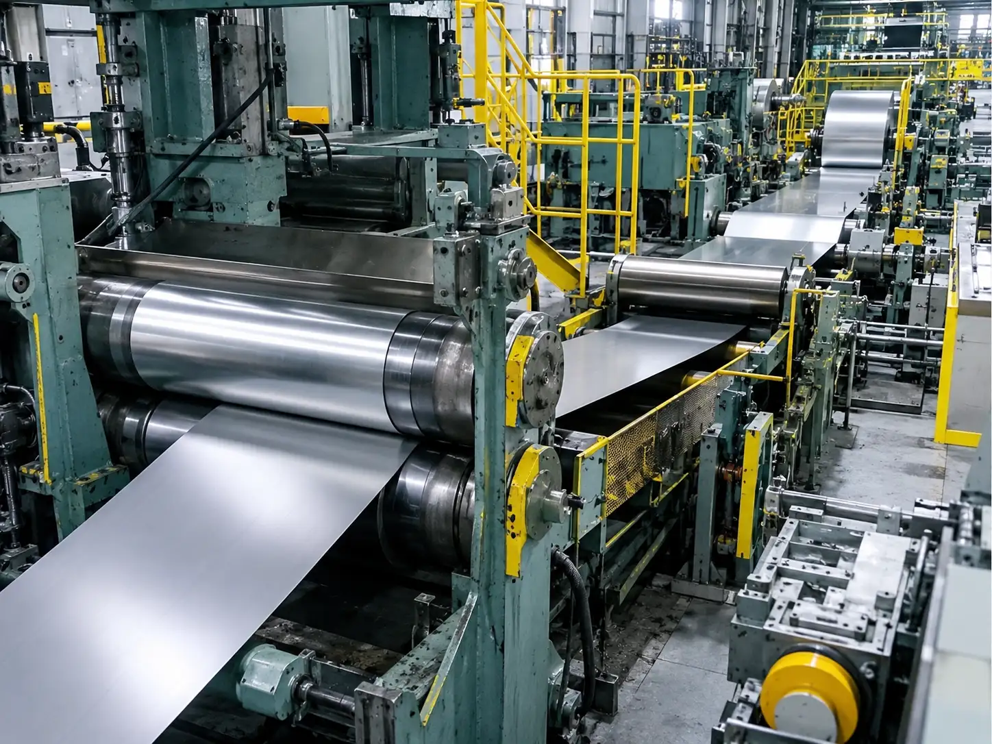 Cold-rolled steel strip passing through industrial rolling equipment during sheet processing