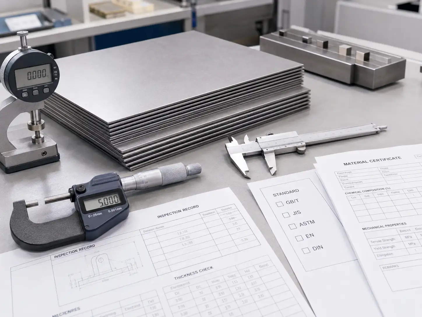 Cold-rolled carbon steel sheet inspection with measuring tools and material quality documents