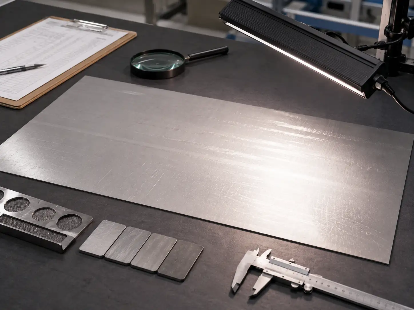 Cold-rolled carbon steel sheet inspected under angled lighting for scratches and surface defects