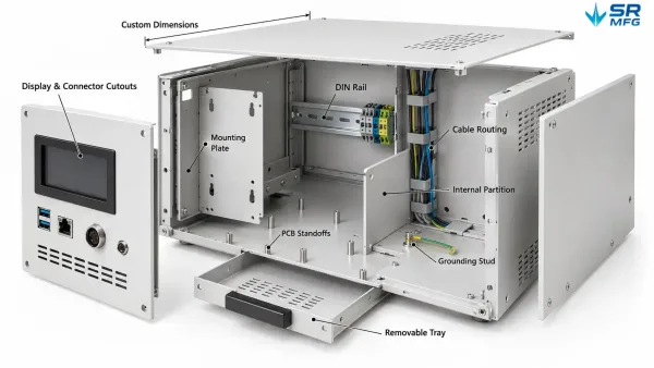 Custom dimensions cutouts and internal layouts for laboratory equipment enclosures