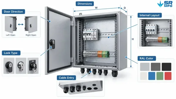 Custom solar combiner box enclosure dimensions cable entries door locks and internal layout