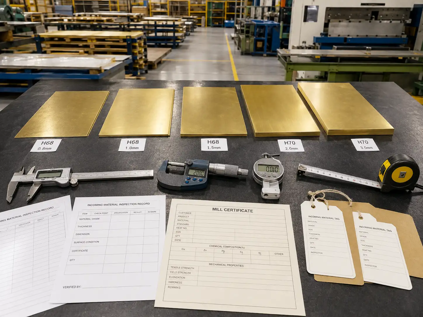 Incoming inspection of H68 and H70 brass sheet with measuring tools and material certification documents
