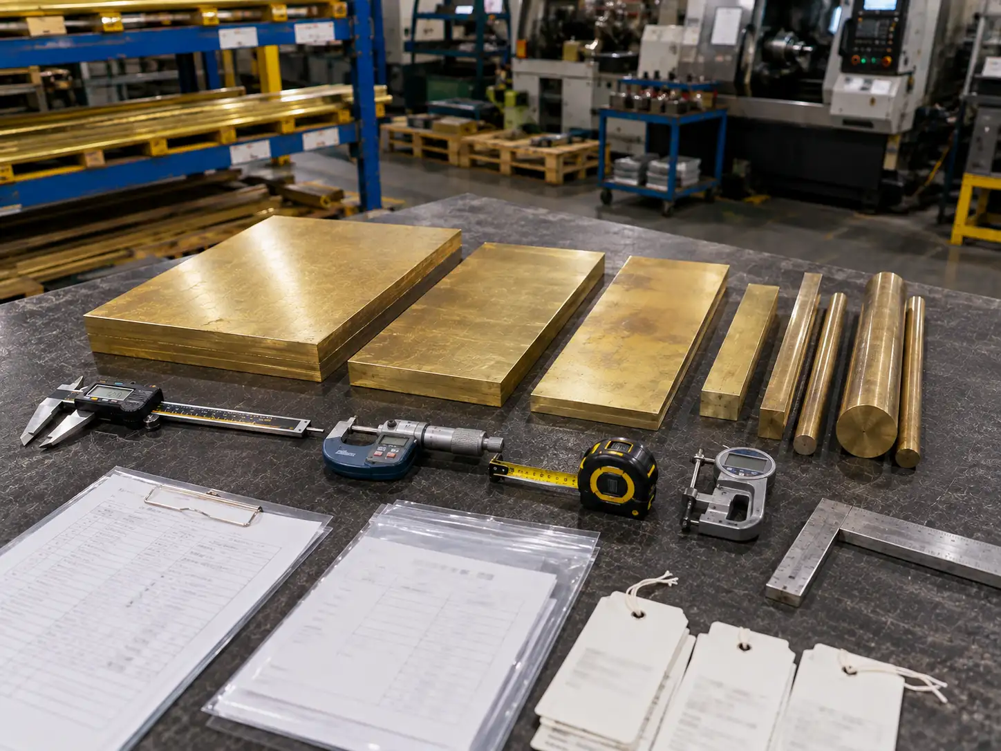 Incoming inspection of HPb59-1 leaded brass with measuring tools and material certification documents