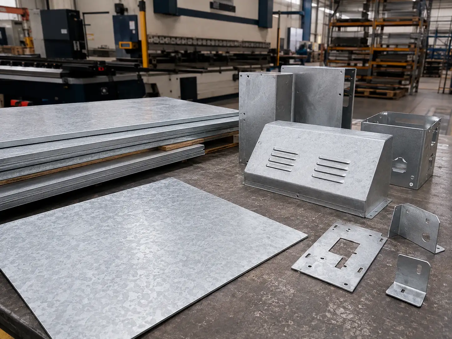 Hot-dip galvanized steel sheet used for corrosion-resistant sheet metal fabrication in a modern factory