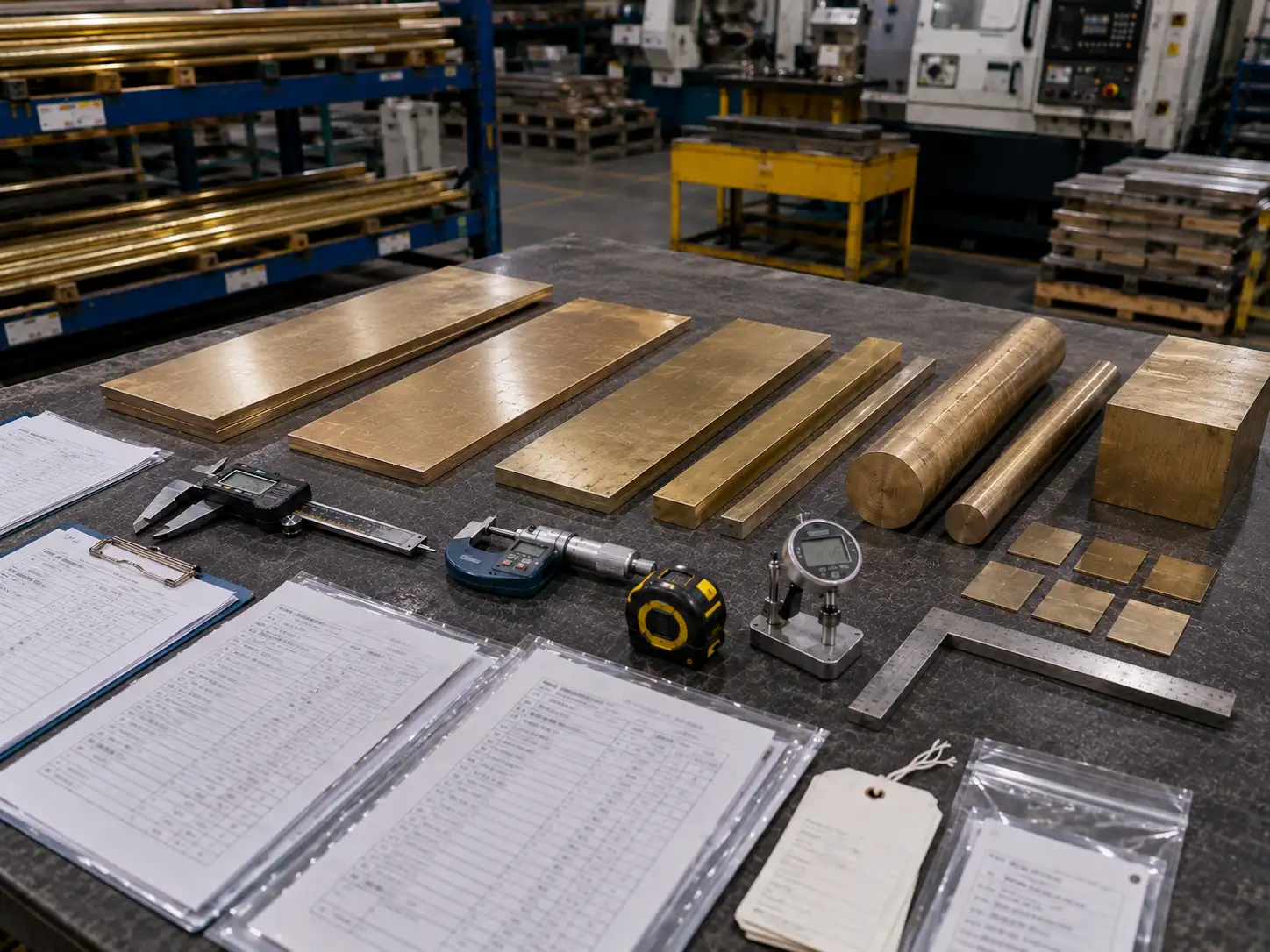 Incoming inspection and grade verification of QAl9-4 aluminum bronze with measuring tools and material certification documents