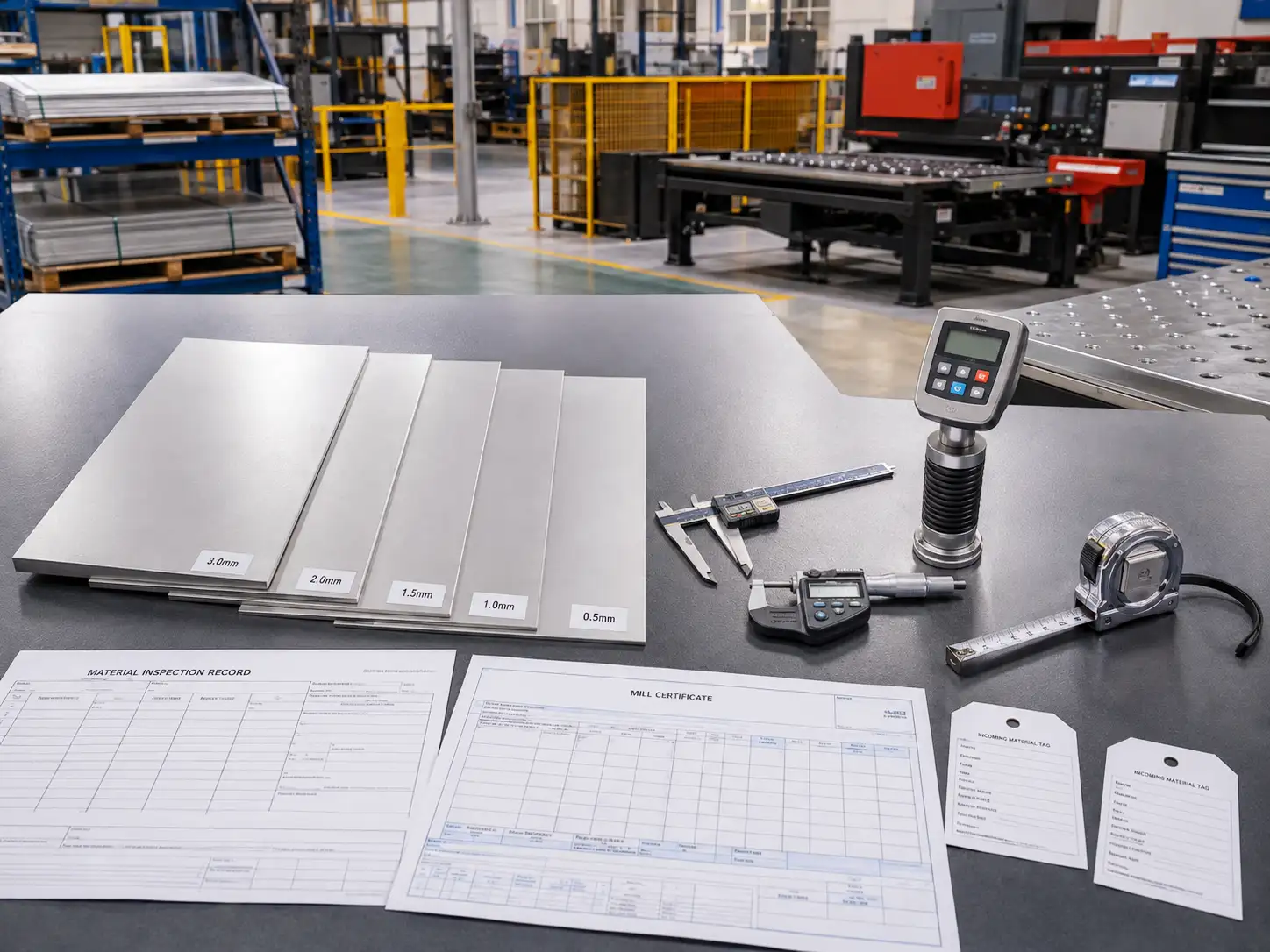 SUS301 Incoming Inspection and Grade Identification Incoming inspection of SUS301 stainless steel sheet with measuring tools and material certification documents