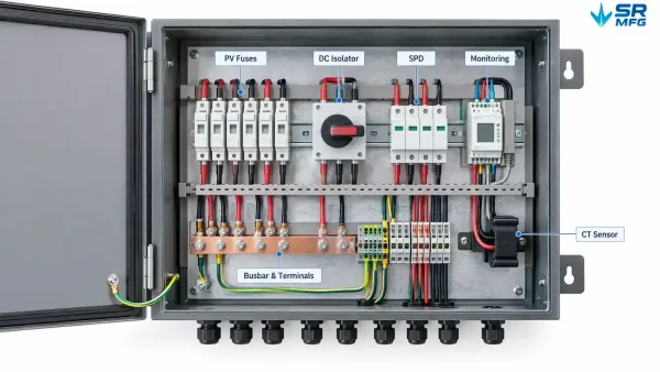Solar combiner box enclosure compatible fuse isolator SPD monitoring and busbar components