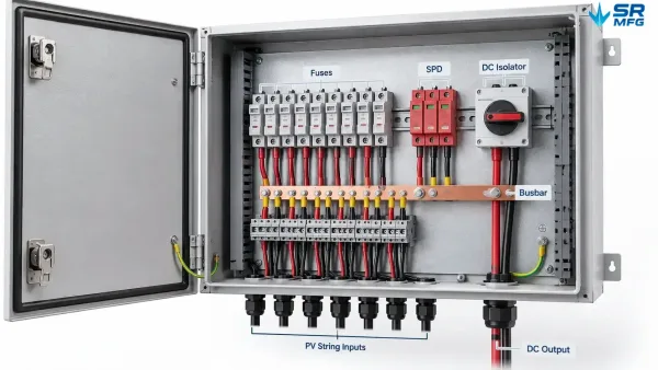 Solar combiner box enclosure internal layout with DIN rails, fuses, SPD and busbar