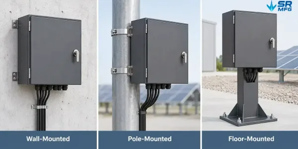 Wall mounted pole mounted and floor mounted solar combiner box enclosure options