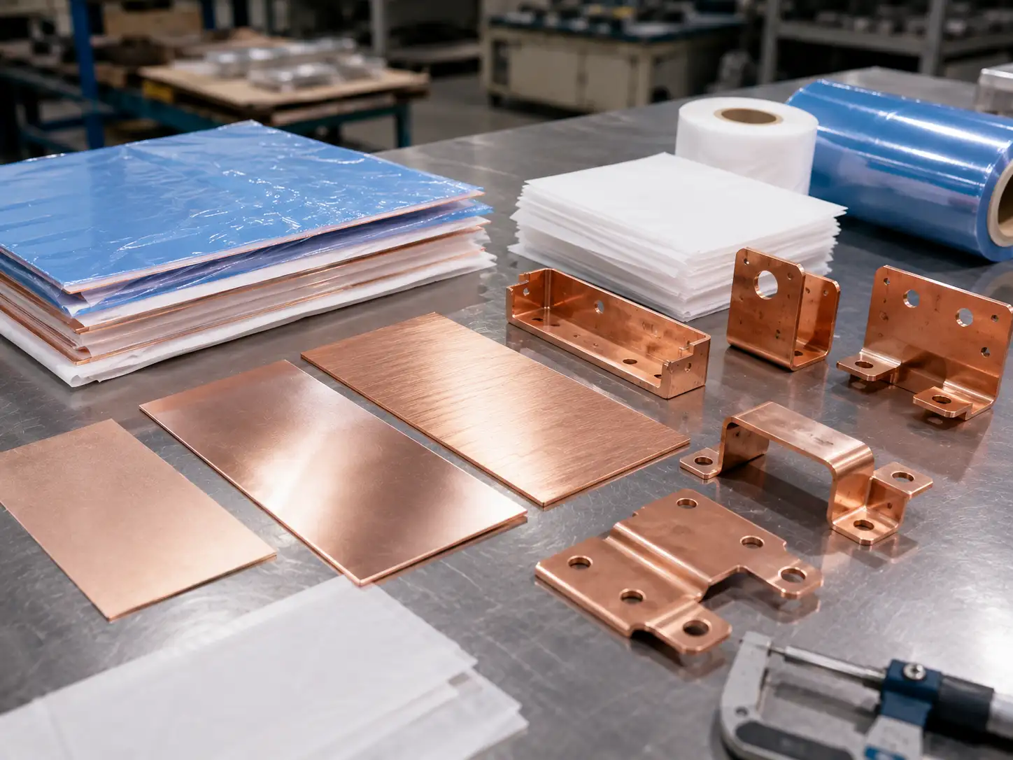 T2 and T3 pure copper parts showing surface appearance control and protective packaging