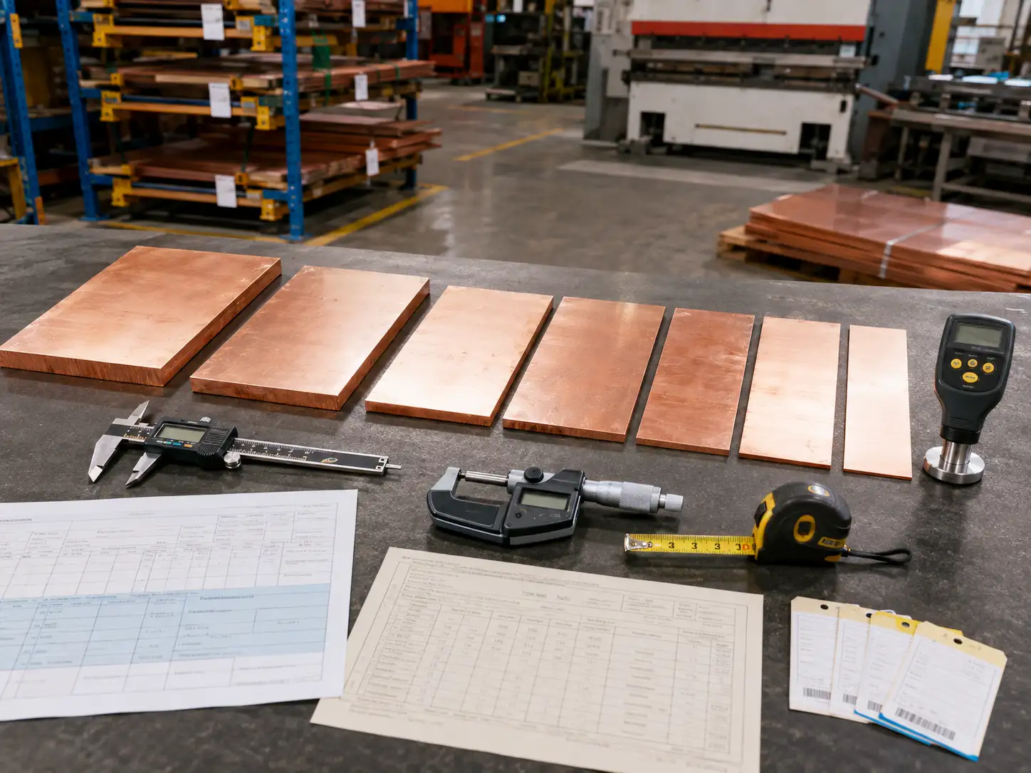 Incoming inspection of T2 and T3 pure copper with measuring tools and material certification documents