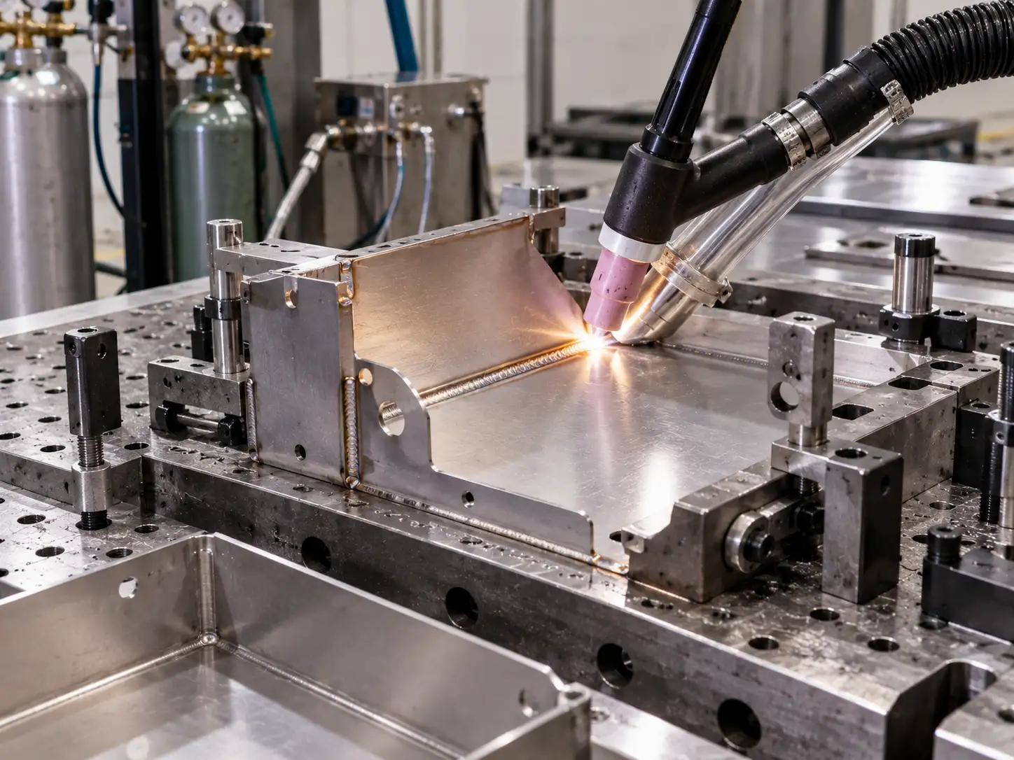 Ti31 titanium alloy components undergoing precision TIG welding with high-purity inert gas shielding