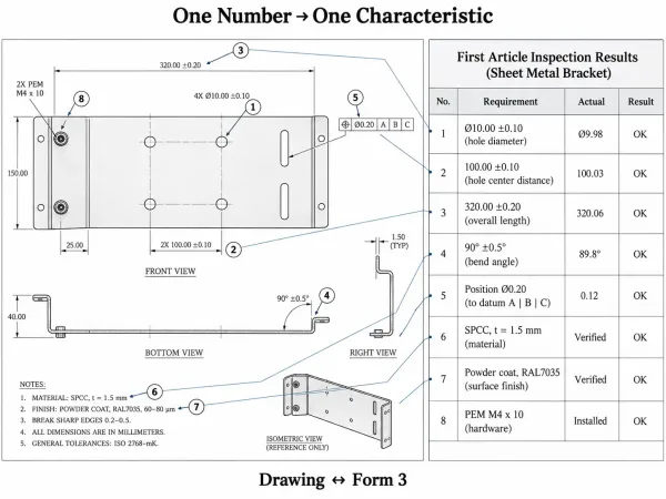 Ballooned sheet metal drawing matched to AS9102 Form 3 inspection results